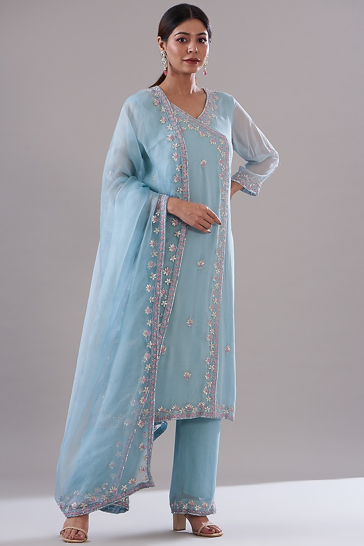 Blue Silk Georgette Embroidered Kurta Set by KANJ By Aruna & Priyanka at Pernia's Pop Up Shop