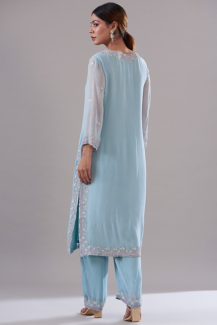 Blue Silk Georgette Embroidered Kurta Set by KANJ By Priyanka Sakhuja at Pernia's Pop Up Shop