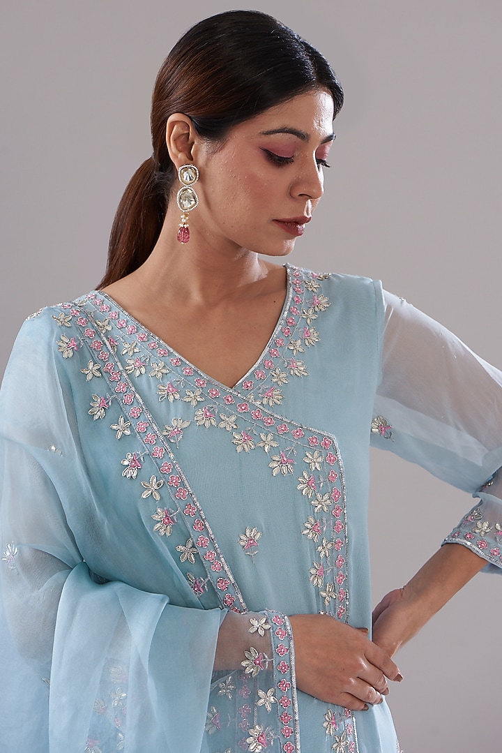 Blue Silk Georgette Embroidered Kurta Set by KANJ By Priyanka Sakhuja at Pernia's Pop Up Shop