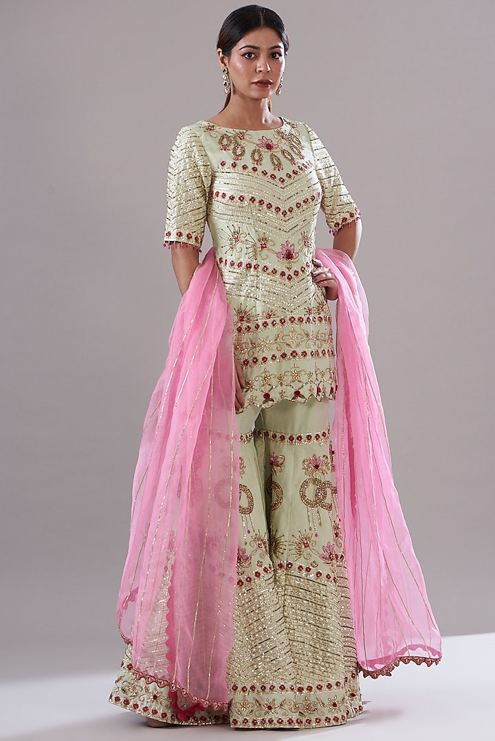 Beige Silk Organza Hand Embroidered Sharara Set by KANJ By Aruna & Priyanka at Pernia's Pop Up Shop