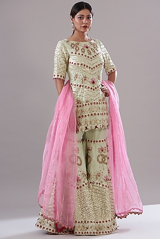 Beige Silk Organza Hand Embroidered Sharara Set by KANJ By Priyanka Sakhuja