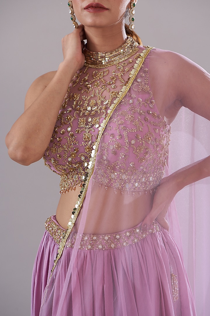 Purple Pure Crepe Embroidered Wedding Lehenga Set by KANJ By Priyanka Sakhuja at Pernia's Pop Up Shop
