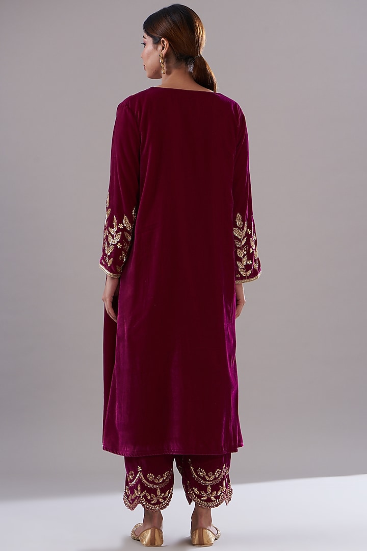 Wine Velvet Hand Embroidered Kurta Set by KANJ By Priyanka Sakhuja at Pernia's Pop Up Shop