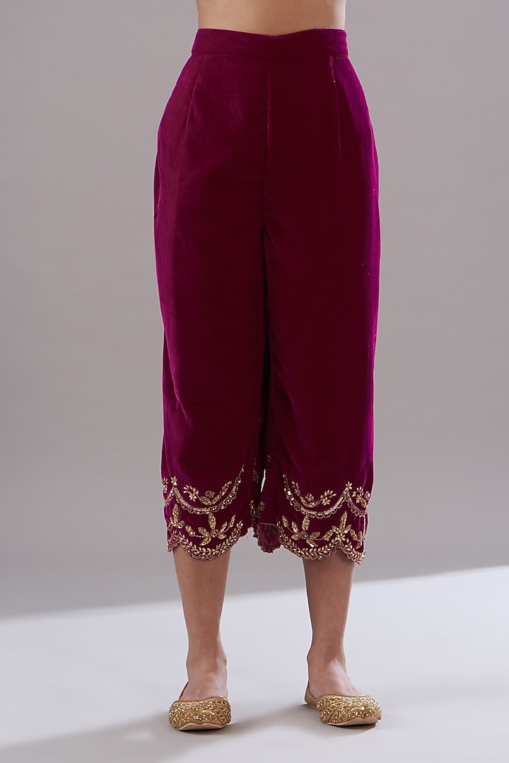 Wine Velvet Hand Embroidered Kurta Set by KANJ By Priyanka Sakhuja at Pernia's Pop Up Shop