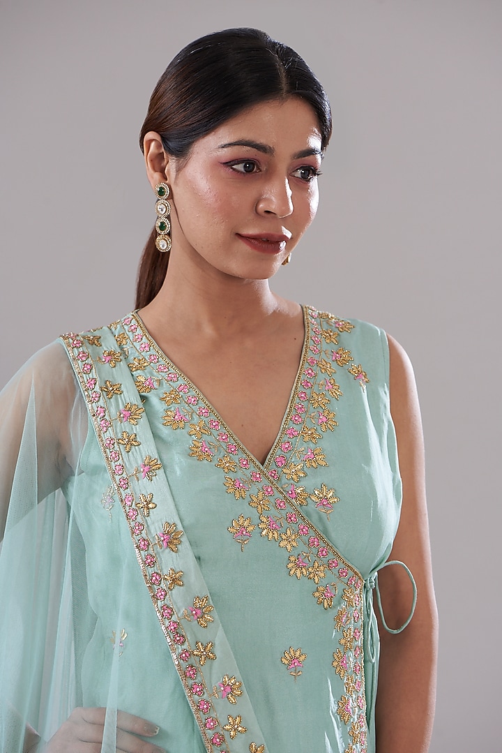 Blue Silk Upada Embroidered Angrakha Kurta Set by KANJ By Priyanka Sakhuja at Pernia's Pop Up Shop