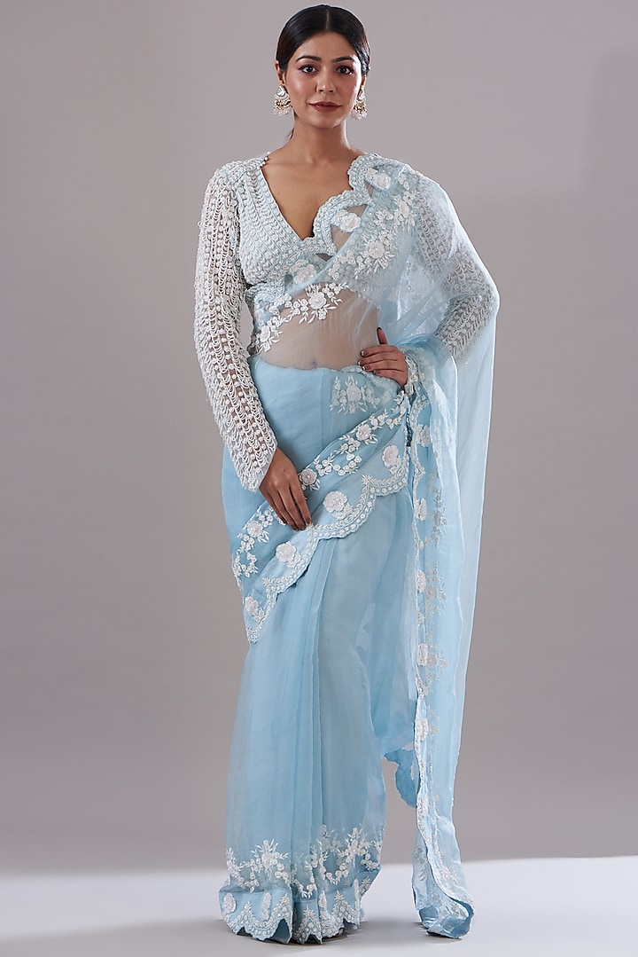 Blue Silk Organza Resham Embroidered Saree Set by KANJ By Aruna & Priyanka