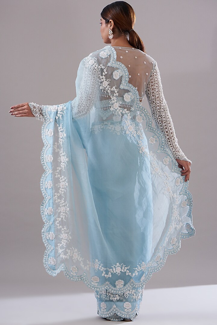 Blue Silk Organza Resham Embroidered Wedding Saree Set by KANJ By Priyanka Sakhuja at Pernia's Pop Up Shop