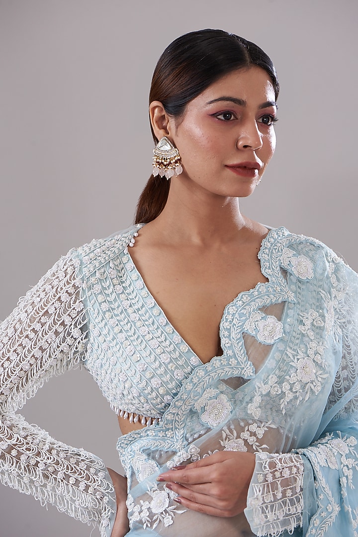 Blue Silk Organza Resham Embroidered Wedding Saree Set by KANJ By Priyanka Sakhuja at Pernia's Pop Up Shop