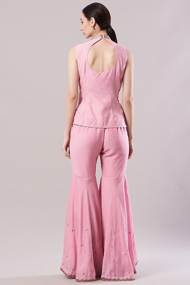 Blush Pink Chanderi Aari Embroidered Gharara Set by KANJ By Priyanka Sakhuja at Pernia's Pop Up Shop