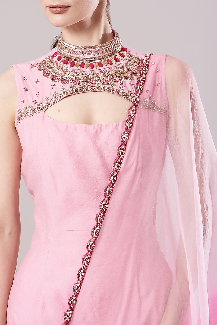 Blush Pink Chanderi Aari Embroidered Gharara Set by KANJ By Priyanka Sakhuja at Pernia's Pop Up Shop