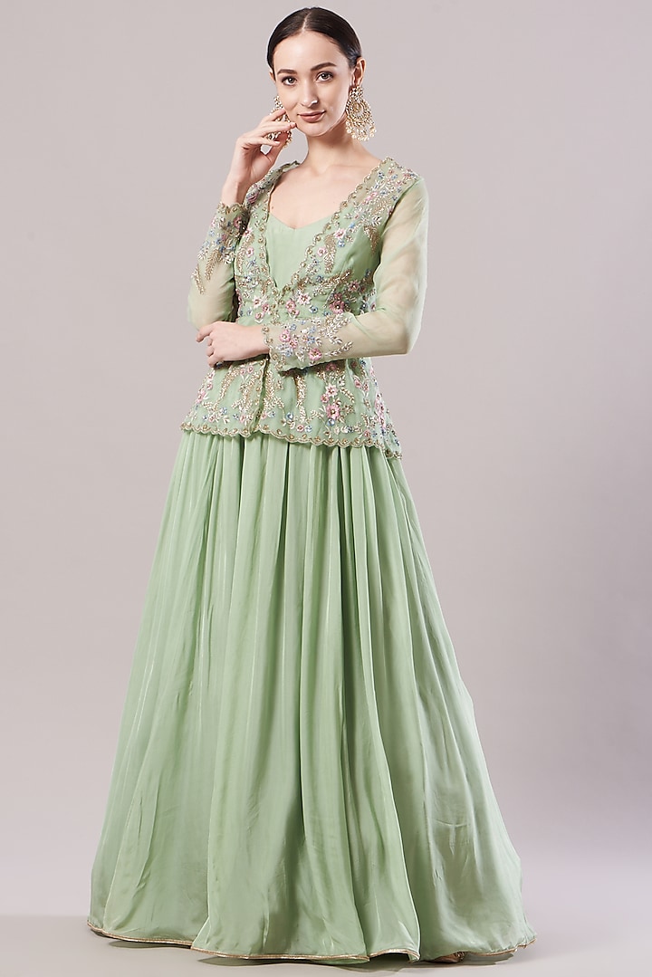 Mint Green Embroidered Jacket Set by KANJ By Aruna & Priyanka