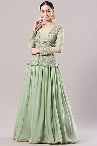 Mint Green Embroidered Jacket Set by KANJ By Priyanka Sakhuja