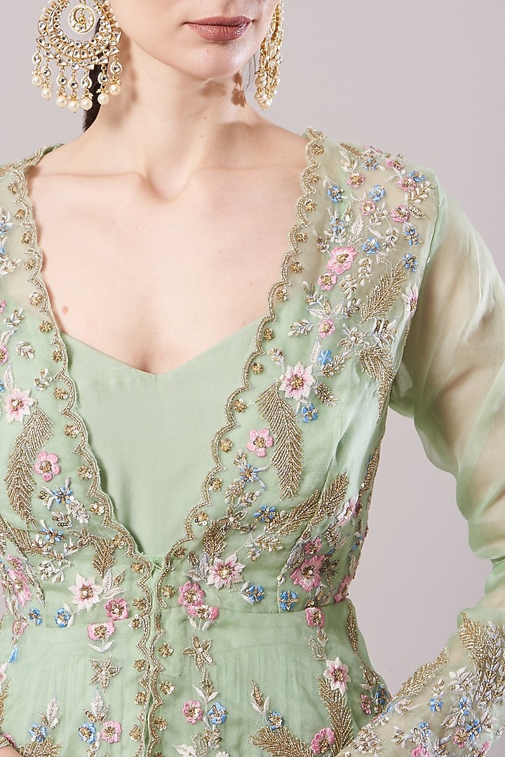 Mint Green Embroidered Jacket Set by KANJ By Priyanka Sakhuja at Pernia's Pop Up Shop