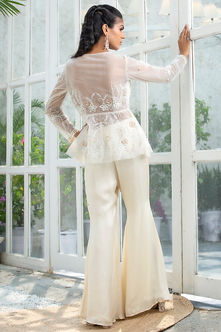 White Bamberg Silk Satin Pant Set by KANJ By Priyanka Sakhuja at Pernia's Pop Up Shop