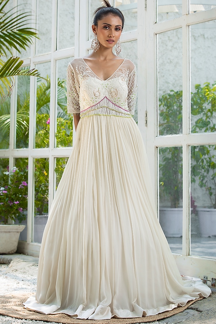 White Tulle & Tabby Silk Embroidered Gown by KANJ By Aruna & Priyanka