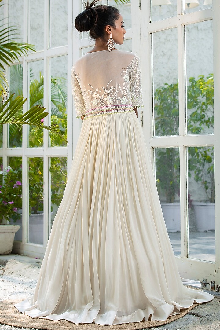 White Tulle & Tabby Silk Embroidered Engagement Gown by KANJ By Priyanka Sakhuja at Pernia's Pop Up Shop
