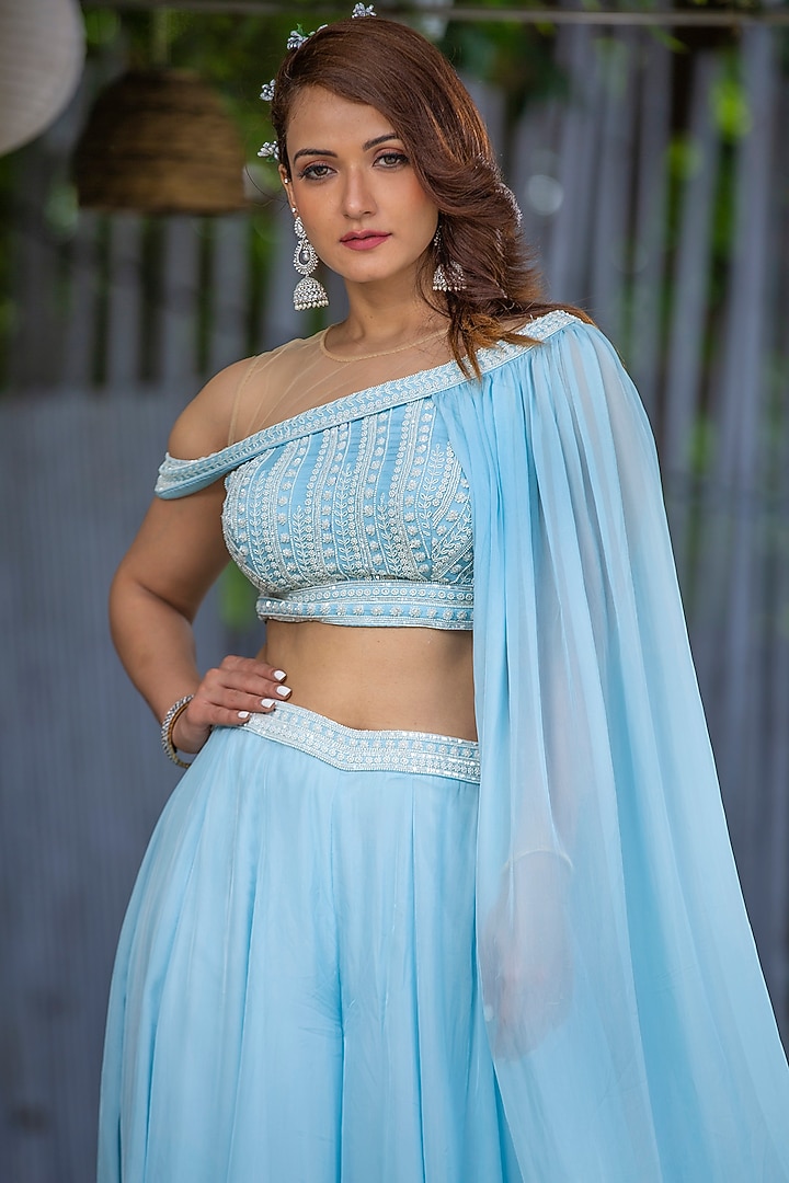 Sky Blue Silk Wedding Sharara Set by KANJ By Priyanka Sakhuja at Pernia's Pop Up Shop