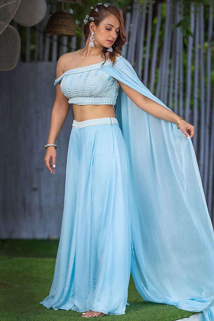 Sky Blue Silk Wedding Sharara Set by KANJ By Priyanka Sakhuja at Pernia's Pop Up Shop