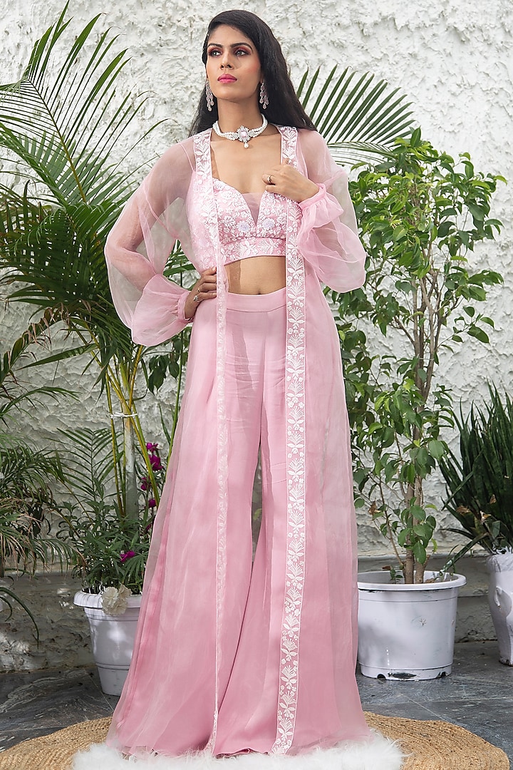 Blush Pink Silk Organza Embroidered Cape Set by KANJ By Aruna & Priyanka at Pernia's Pop Up Shop