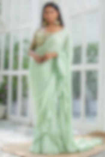 Mint Green Silk Chiffon Pre-Draped Saree Set by KANJ By Aruna & Priyanka