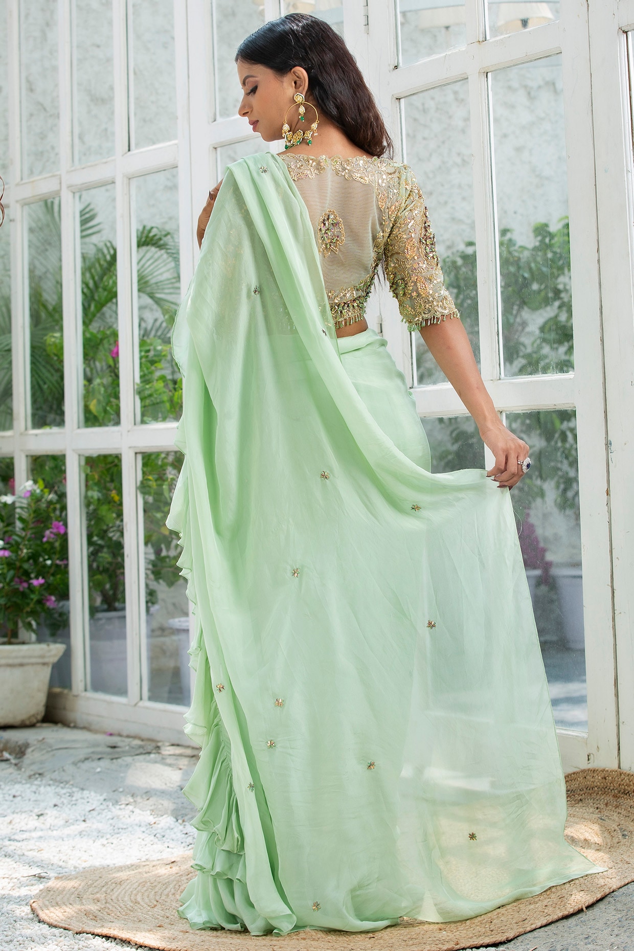 Mint Green Silk Chiffon Pre-Draped Saree Set Design by KANJ By