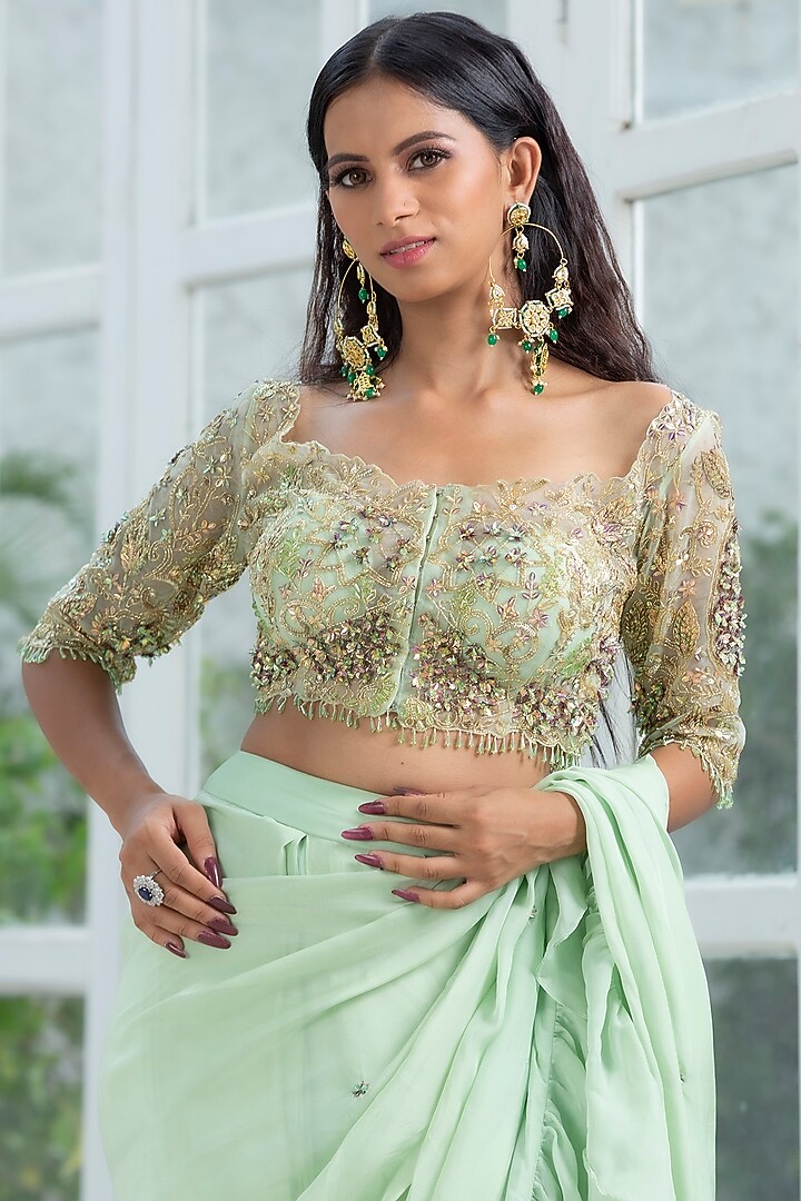 Mint Green Silk Chiffon Pre-Draped Wedding Saree Set by KANJ By Priyanka Sakhuja at Pernia's Pop Up Shop
