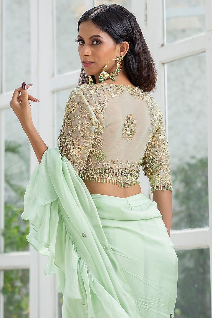 Mint Green Silk Chiffon Pre-Draped Wedding Saree Set by KANJ By Priyanka Sakhuja at Pernia's Pop Up Shop