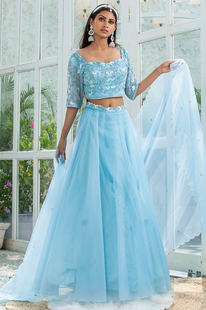 Blue Organza Lehenga Set by KANJ By Aruna & Priyanka at Pernia's Pop Up Shop