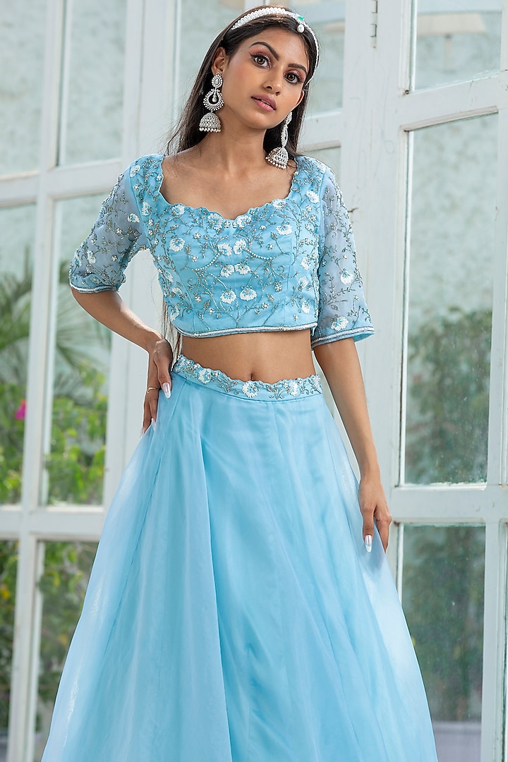 Blue Organza Lehenga Set by KANJ By Priyanka Sakhuja at Pernia's Pop Up Shop