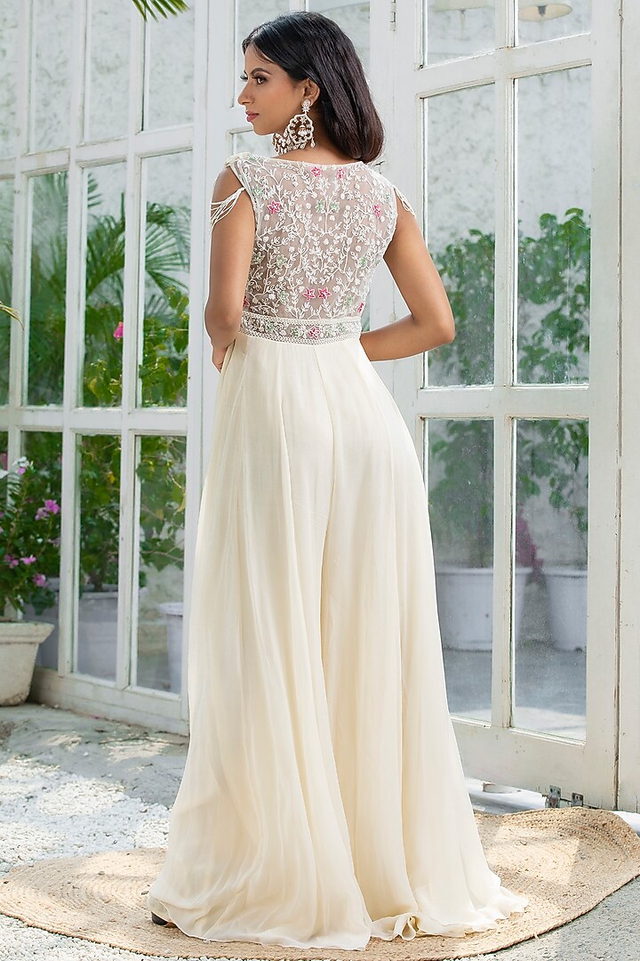 White Silk Georgette & Tulle Embroidered Jumpsuit by KANJ By Priyanka Sakhuja at Pernia's Pop Up Shop