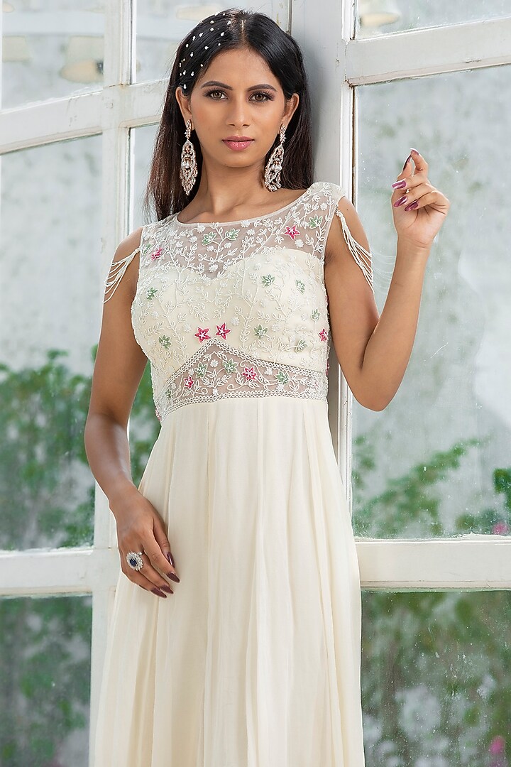 White Silk Georgette & Tulle Embroidered Jumpsuit by KANJ By Priyanka Sakhuja at Pernia's Pop Up Shop