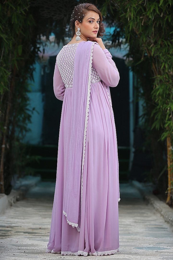 Mauve Silk Georgette Embroidered Party Wear Anarkali Set by KANJ By Priyanka Sakhuja at Pernia's Pop Up Shop