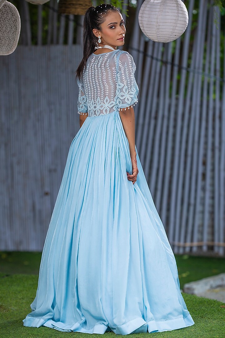 Sky Blue Organza & Tabby Silk Engagement Gown by KANJ By Priyanka Sakhuja at Pernia's Pop Up Shop