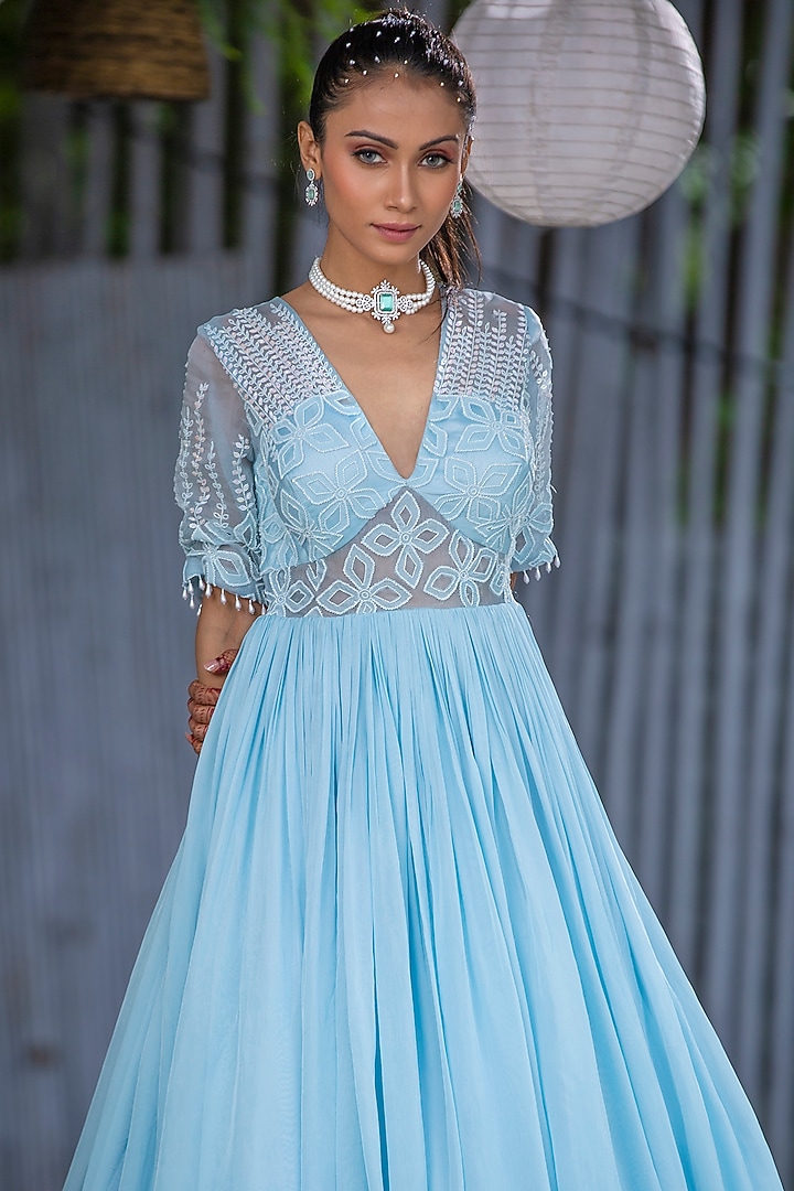 Sky Blue Organza & Tabby Silk Engagement Gown by KANJ By Priyanka Sakhuja at Pernia's Pop Up Shop
