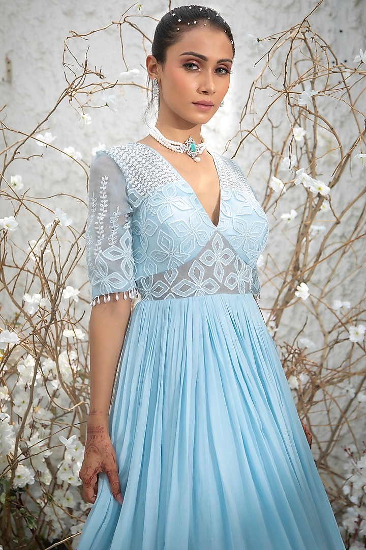 Sky Blue Organza & Tabby Silk Engagement Gown by KANJ By Priyanka Sakhuja at Pernia's Pop Up Shop