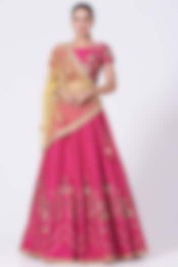 Fuchsia Floral Sequins Embellished Lehenga Set by KANJ By Aruna & Priyanka