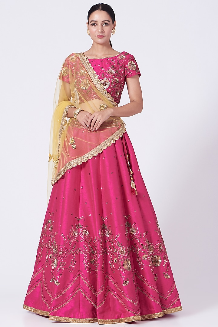 Fuchsia Floral Sequins Embellished Lehenga Set by KANJ By Aruna & Priyanka