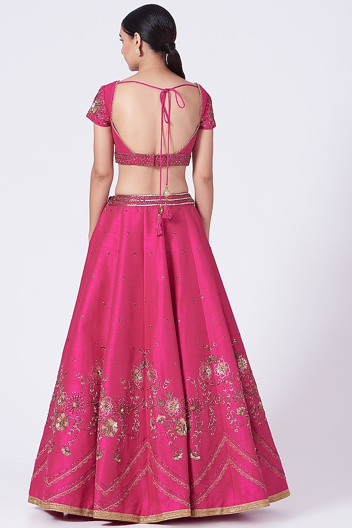 Fuchsia Floral Sequins Embellished Wedding Lehenga Set by KANJ By Priyanka Sakhuja at Pernia's Pop Up Shop