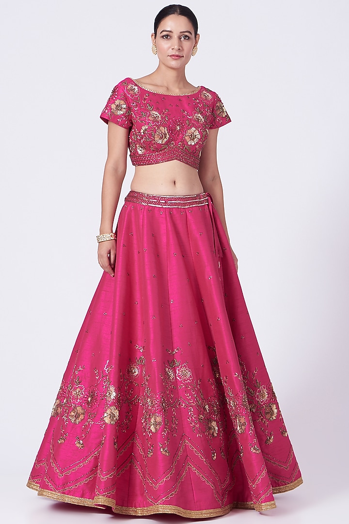 Fuchsia Floral Sequins Embellished Wedding Lehenga Set by KANJ By Priyanka Sakhuja at Pernia's Pop Up Shop