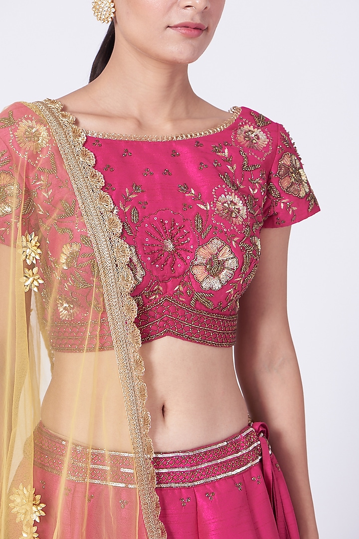 Fuchsia Floral Sequins Embellished Wedding Lehenga Set by KANJ By Priyanka Sakhuja at Pernia's Pop Up Shop