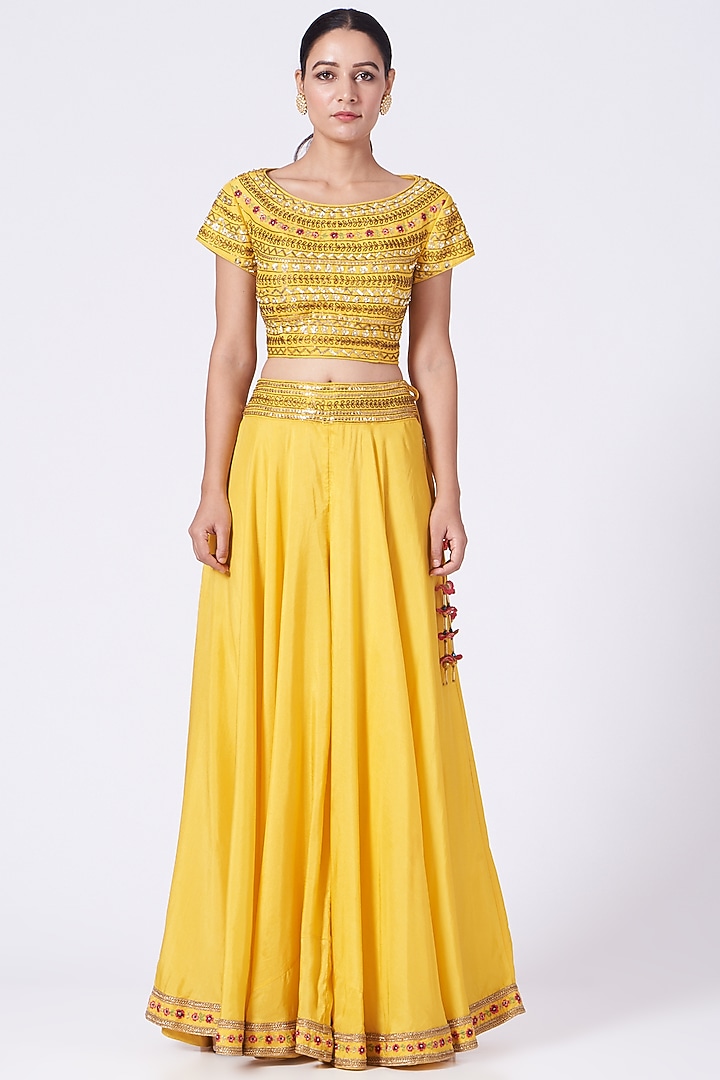 Yellow Viscose Crepe Wedding Sharara Set by KANJ By Priyanka Sakhuja at Pernia's Pop Up Shop