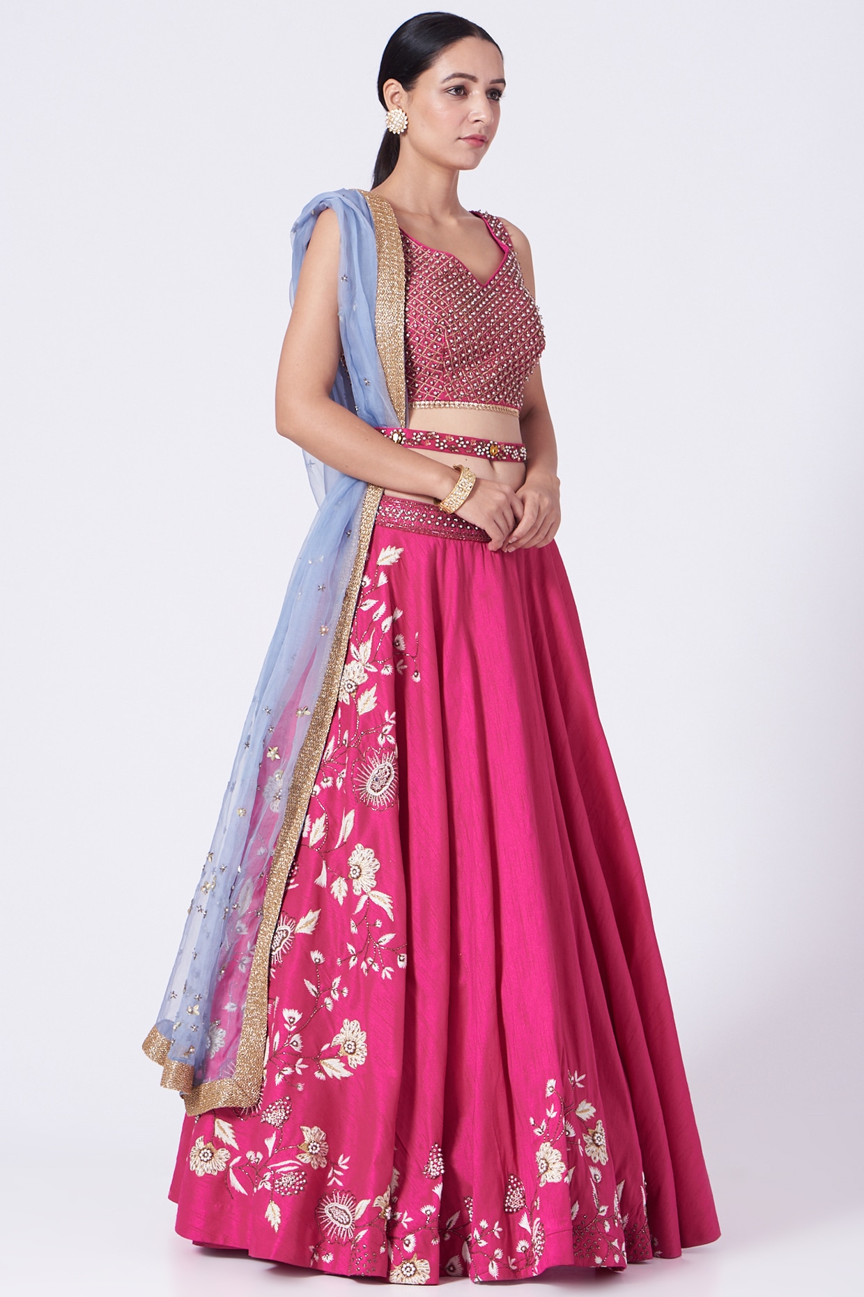 Peacock Blue Embellished Raw Silk Lehenga Set With Pink Dupatta - Angad  Singh- Fabilicious Fashion