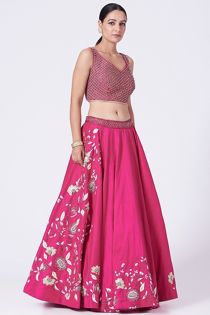 Fuchsia Sequins Embellished Wedding Lehenga Set by KANJ By Priyanka Sakhuja at Pernia's Pop Up Shop