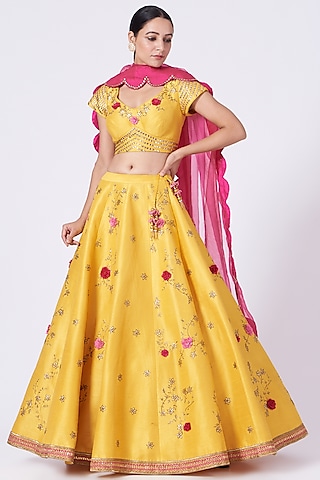 Yellow 3D Embroidered Lehenga Set by KANJ By Priyanka Sakhuja