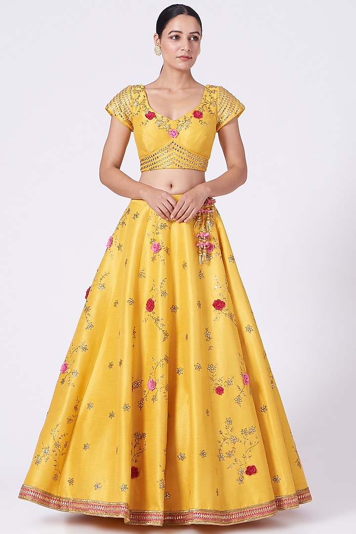 Yellow 3D Embroidered Wedding Lehenga Set by KANJ By Priyanka Sakhuja at Pernia's Pop Up Shop