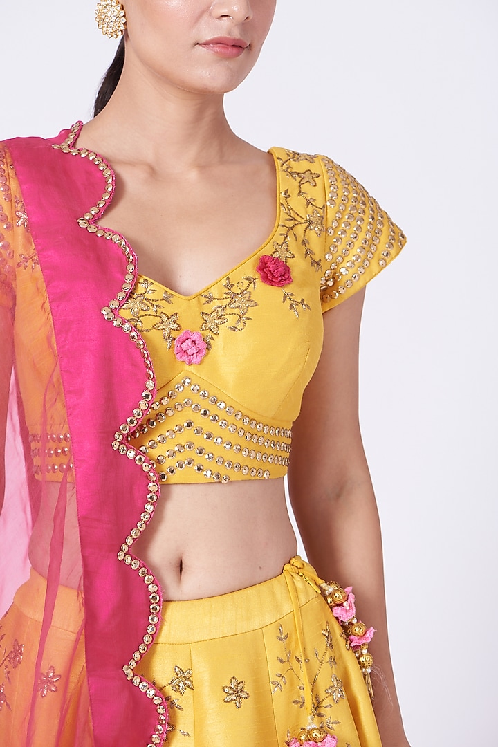 Yellow 3D Embroidered Wedding Lehenga Set by KANJ By Priyanka Sakhuja at Pernia's Pop Up Shop