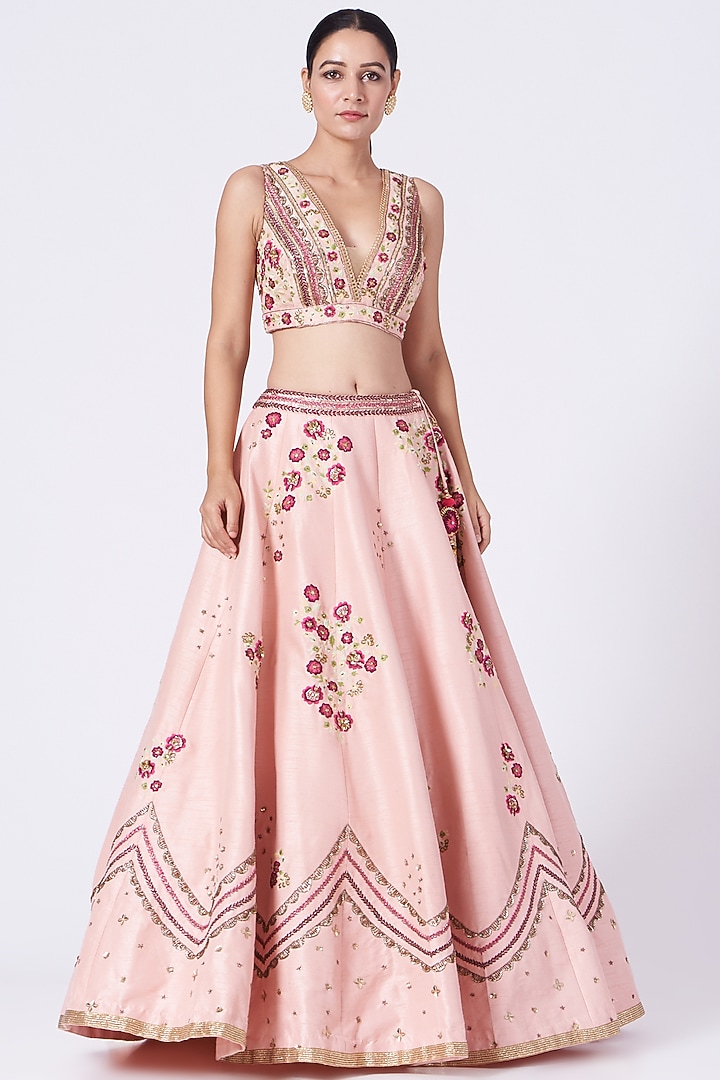 Blush Pink Floral Embroidered Wedding Lehenga Set by KANJ By Priyanka Sakhuja at Pernia's Pop Up Shop