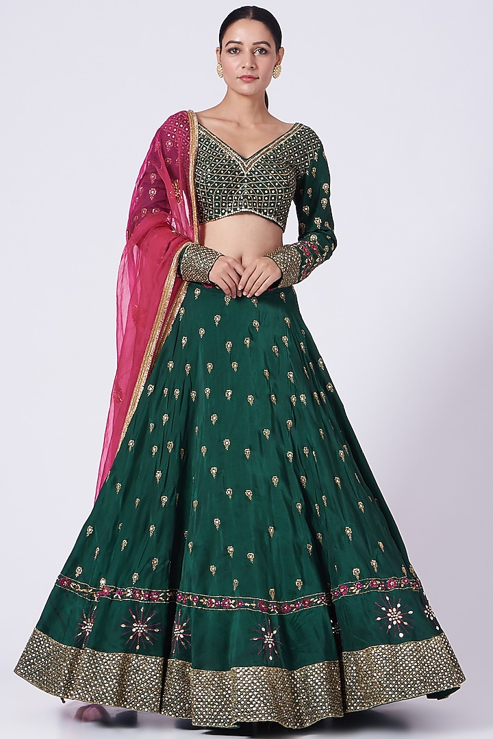 Emerald Green Sequins Embroidered Lehenga Set by KANJ By Aruna & Priyanka