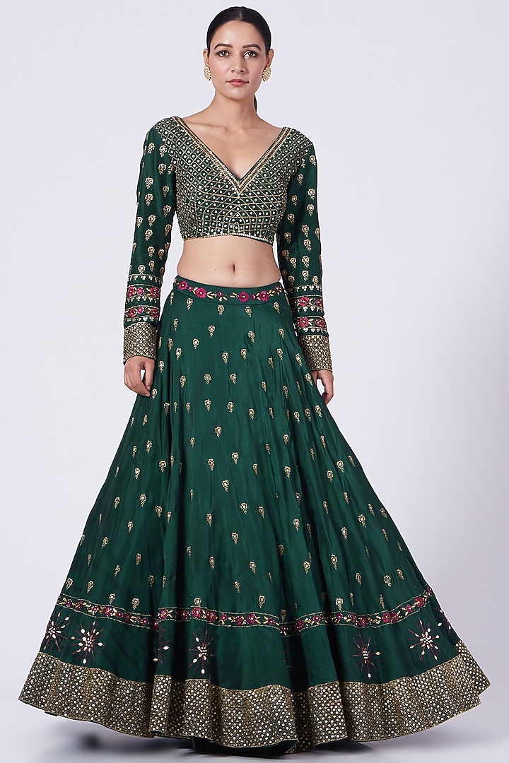 Emerald Green Sequins Embroidered Wedding Lehenga Set by KANJ By Priyanka Sakhuja at Pernia's Pop Up Shop