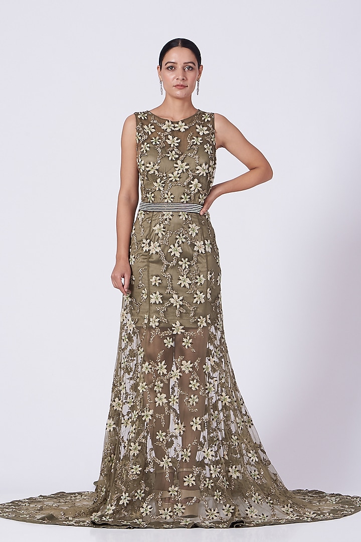 Olive Embroidered Gown by KANJ By Aruna & Priyanka